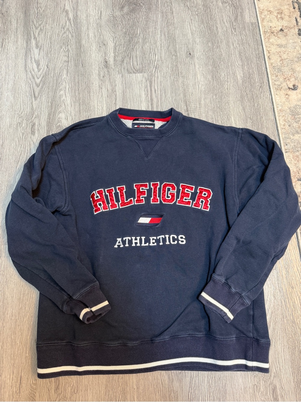 VTG 2001 Tommy Hilfiger Athletics Crewneck Sweatshirt S Navy Spellout Distress